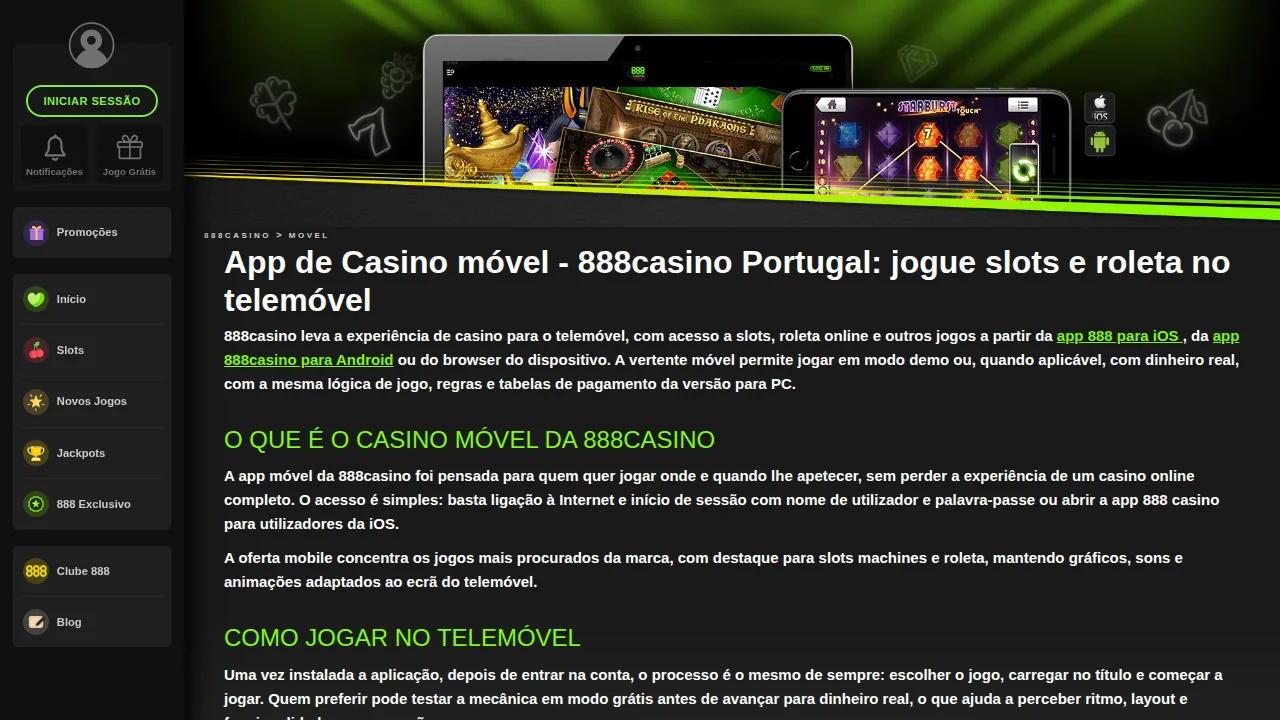 Página da app móvel da 888casino Portugal, com ligações para a app de iOS e a de Android