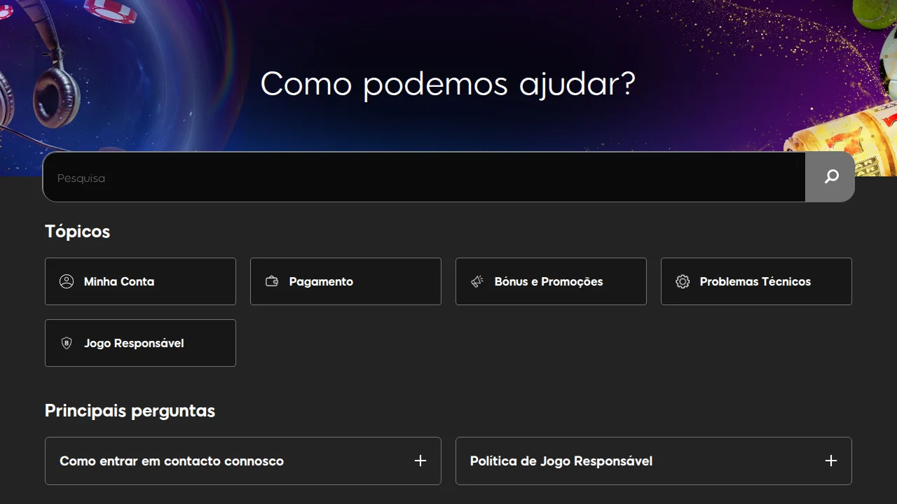 Centro de ajuda da 888 com pesquisa e os tópicos Minha Conta, Pagamento, Bónus e Promoções e Jogo Responsável