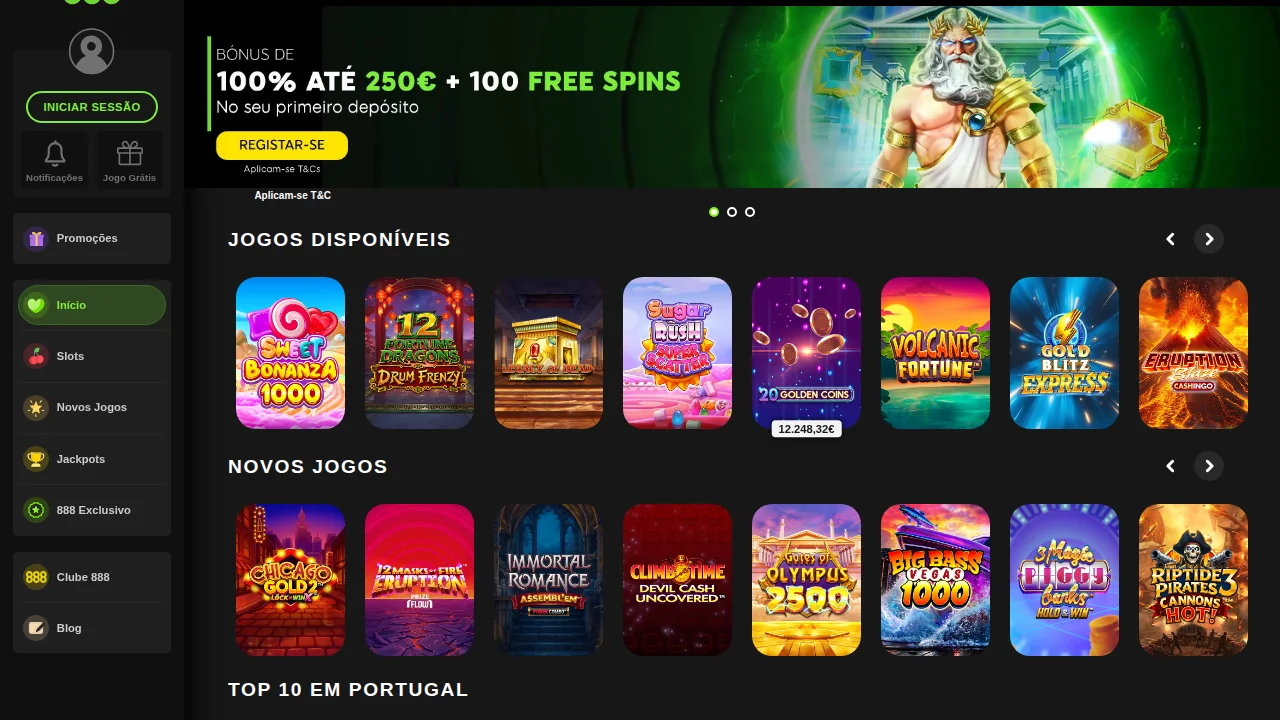 Lobby do 888 casino com o banner do bónus de 250 € + 100 free spins e as filas Jogos disponíveis e Novos jogos
