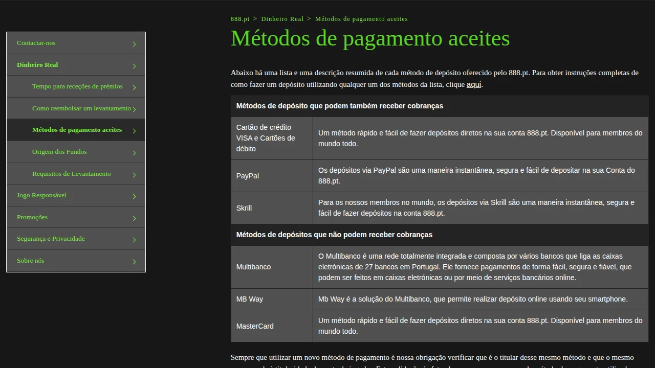 Página de métodos de pagamento do 888.pt, com os que recebem levantamentos separados dos que só depositam