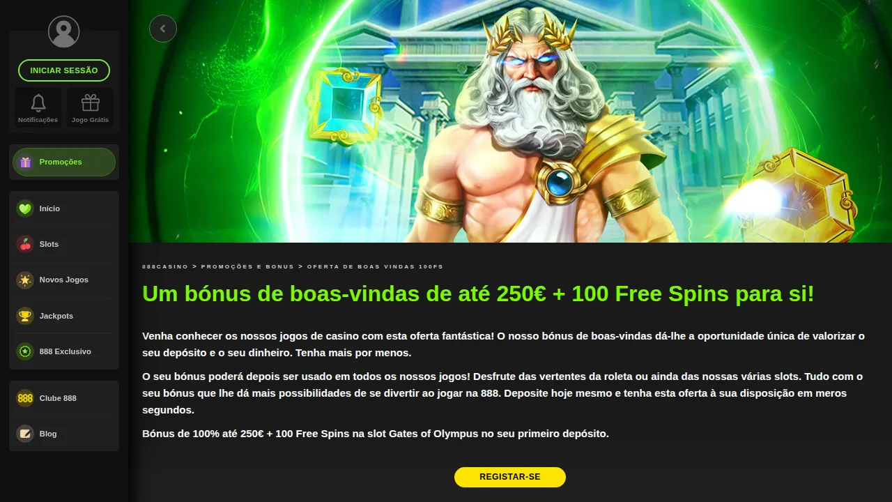 Página da oferta de boas-vindas da 888: 100% até 250 € + 100 free spins na Gates of Olympus