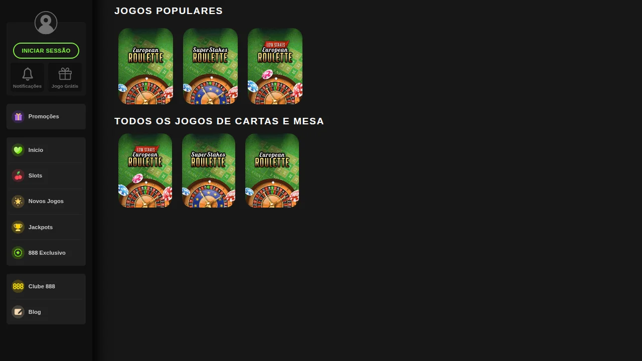 Separador de cartas e mesa da 888.pt com três roletas: European, Super Stakes e Low Stakes