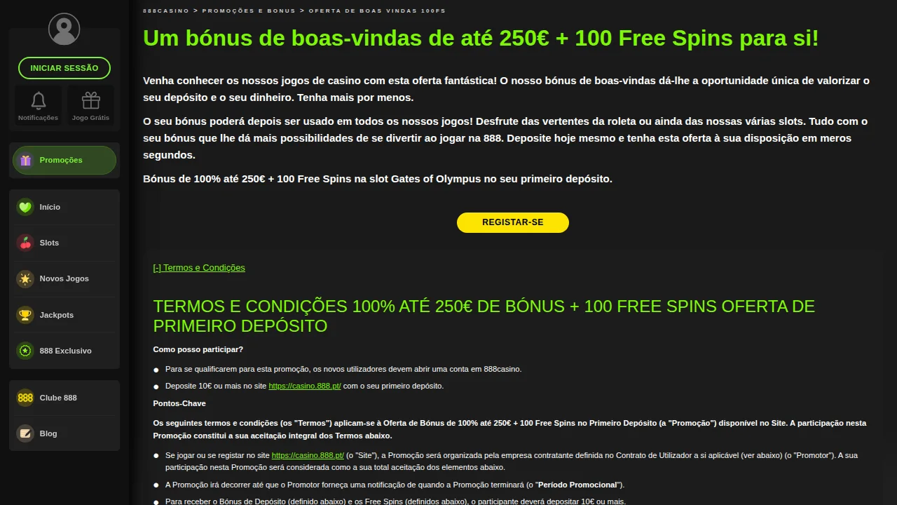 Termos e condições do bónus de 1.º depósito da 888, abertos no acordeão da página da oferta