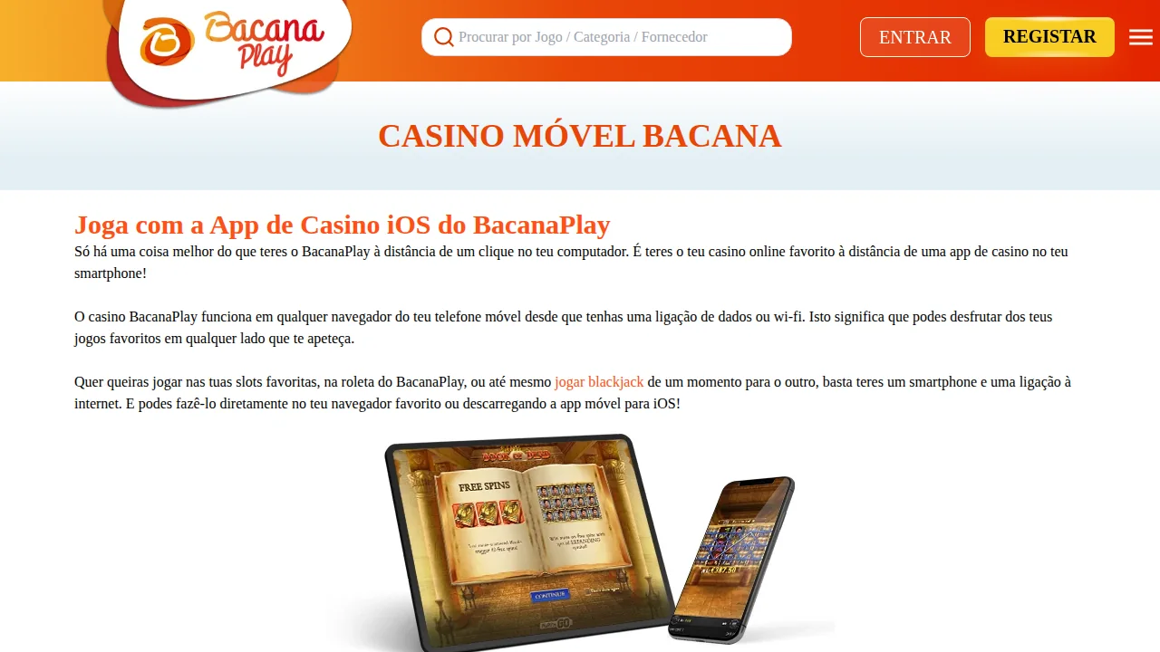 Página Smartphone da BacanaPlay com a app de casino para iOS