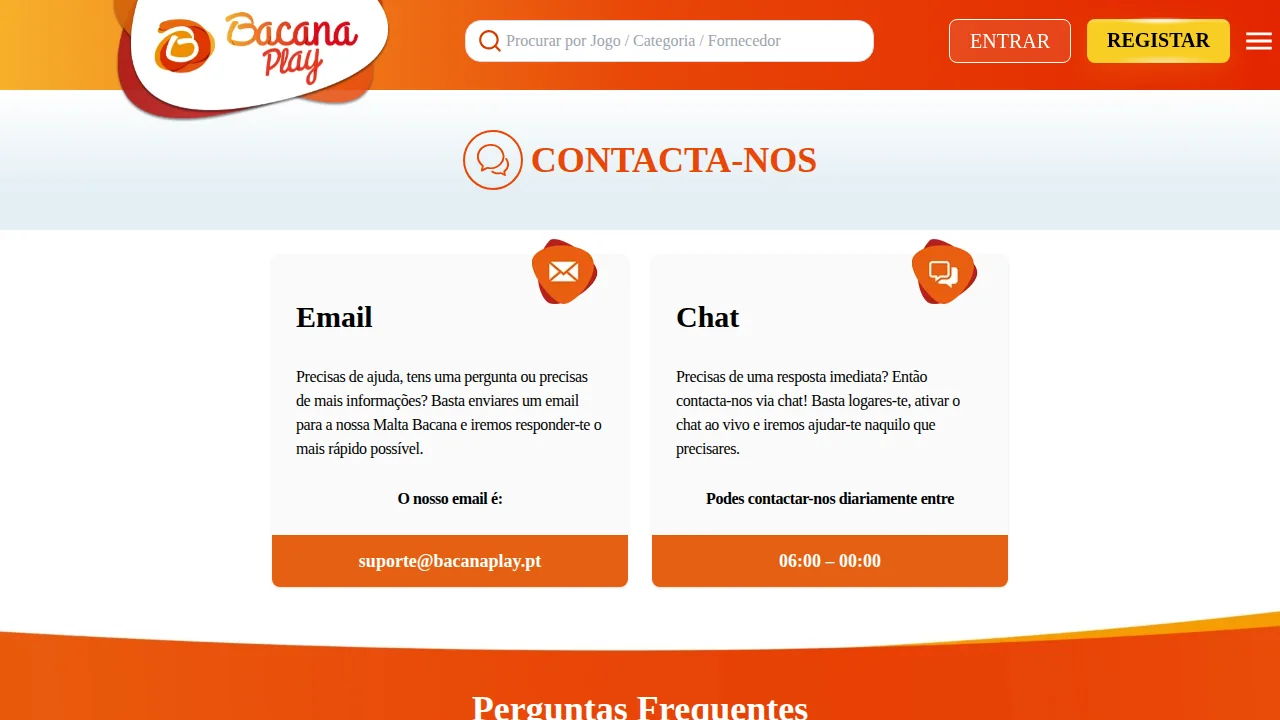 Página de contacto da BacanaPlay com e-mail de suporte e chat das 06:00 às 00:00