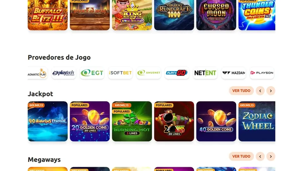 Fornecedores e fila de jackpots no lobby da BacanaPlay: Pragmatic Play, Playtech, EGT, Amusnet, Play'n GO e NetEnt