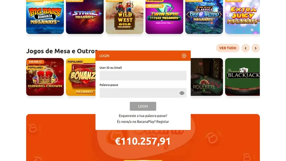 Fila Jogos de Mesa e Outros no lobby da BacanaPlay e um banner de jackpot de 110.257,91 €, com a janela de login aberta