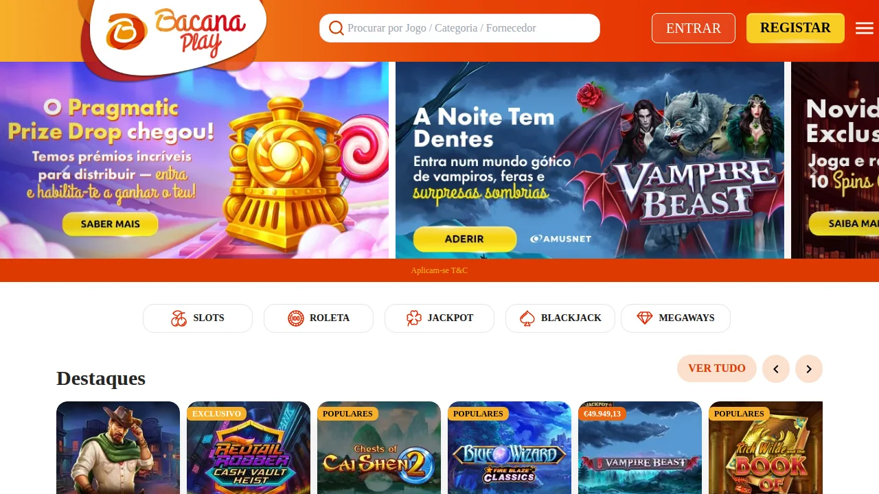 Página inicial da BacanaPlay com os banners de promoções e a fila Destaques
