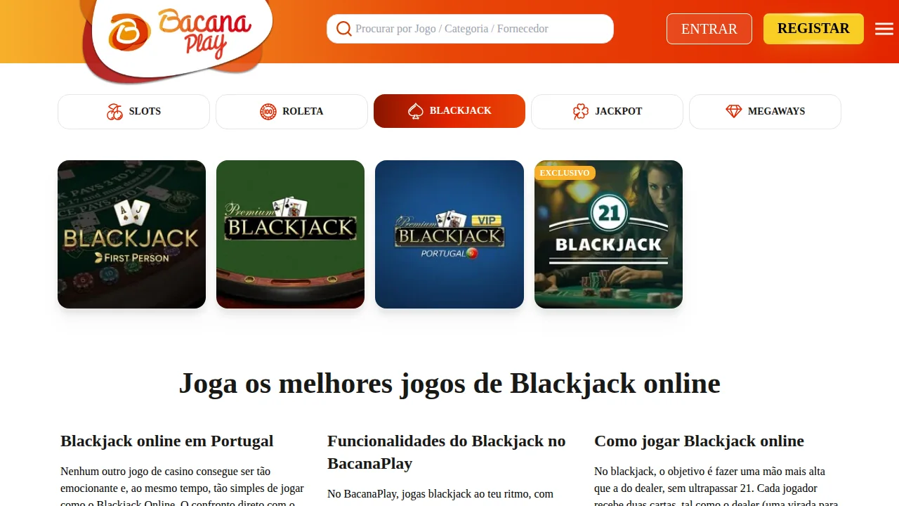 Lobby de blackjack da BacanaPlay com quatro mesas, entre elas a Premium Blackjack