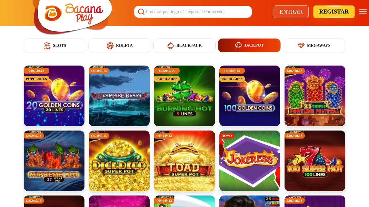 Lobby de jackpots da BacanaPlay com slots da Amusnet e o valor do jackpot em cada mosaico
