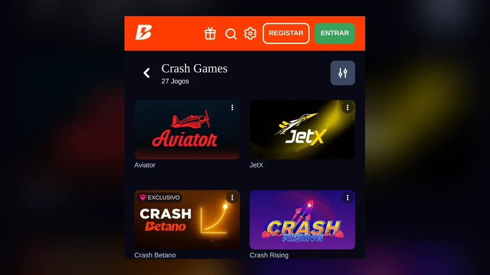 Jogos crash no casino Betano, licenciado pelo SRIJ, no telemóvel