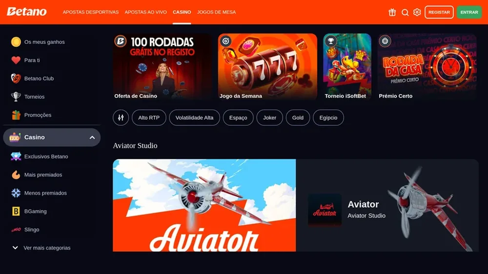 Página do casino da Betano com o botão REGISTAR no canto superior direito e a oferta de boas-vindas de 100 rodadas grátis no registo