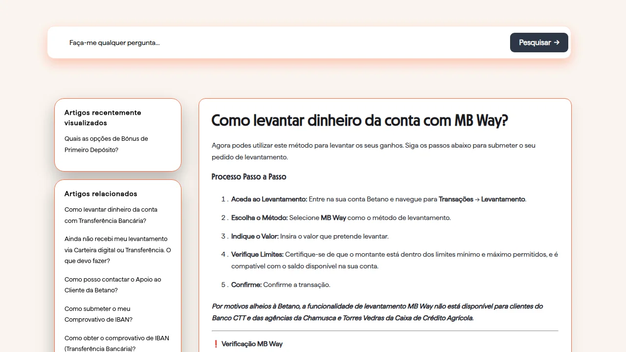 Passos para levantar por MB Way na Betano, com a exceção do Banco CTT e de duas agências do Crédito Agrícola