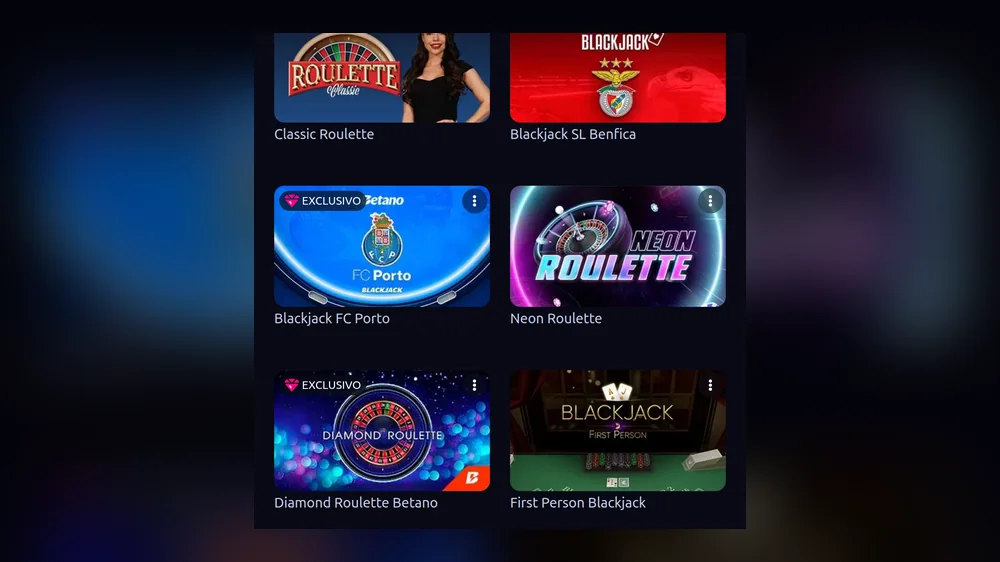 Mesas de roleta e blackjack no casino Betano vistas no telemóvel — Classic Roulette, Neon Roulette, Diamond Roulette e blackjack em primeira pessoa