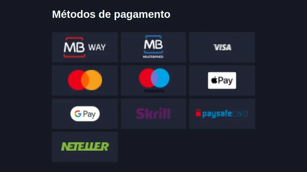 Métodos de pagamento aceites pela Betano: MB Way, Multibanco, Visa, Mastercard, Maestro, Apple Pay, Google Pay, Skrill, Paysafecard e Neteller