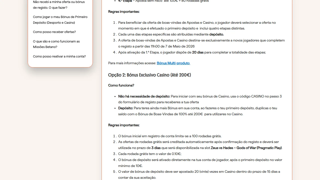 Regras das duas ofertas de boas-vindas da Betano: Multi-produto em quatro etapas e Bónus Exclusivo Casino até 200 €