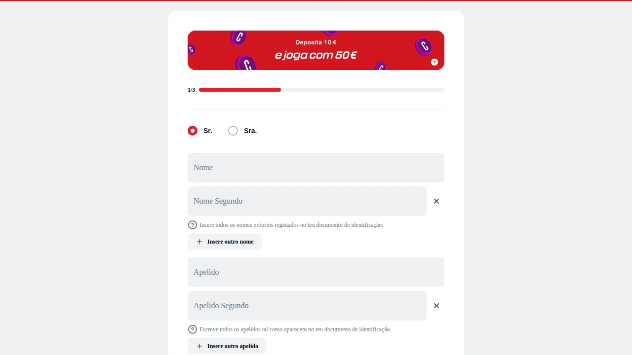 Primeiro passo do registo no casino da Betclic, com nome e apelidos como no documento de identificação