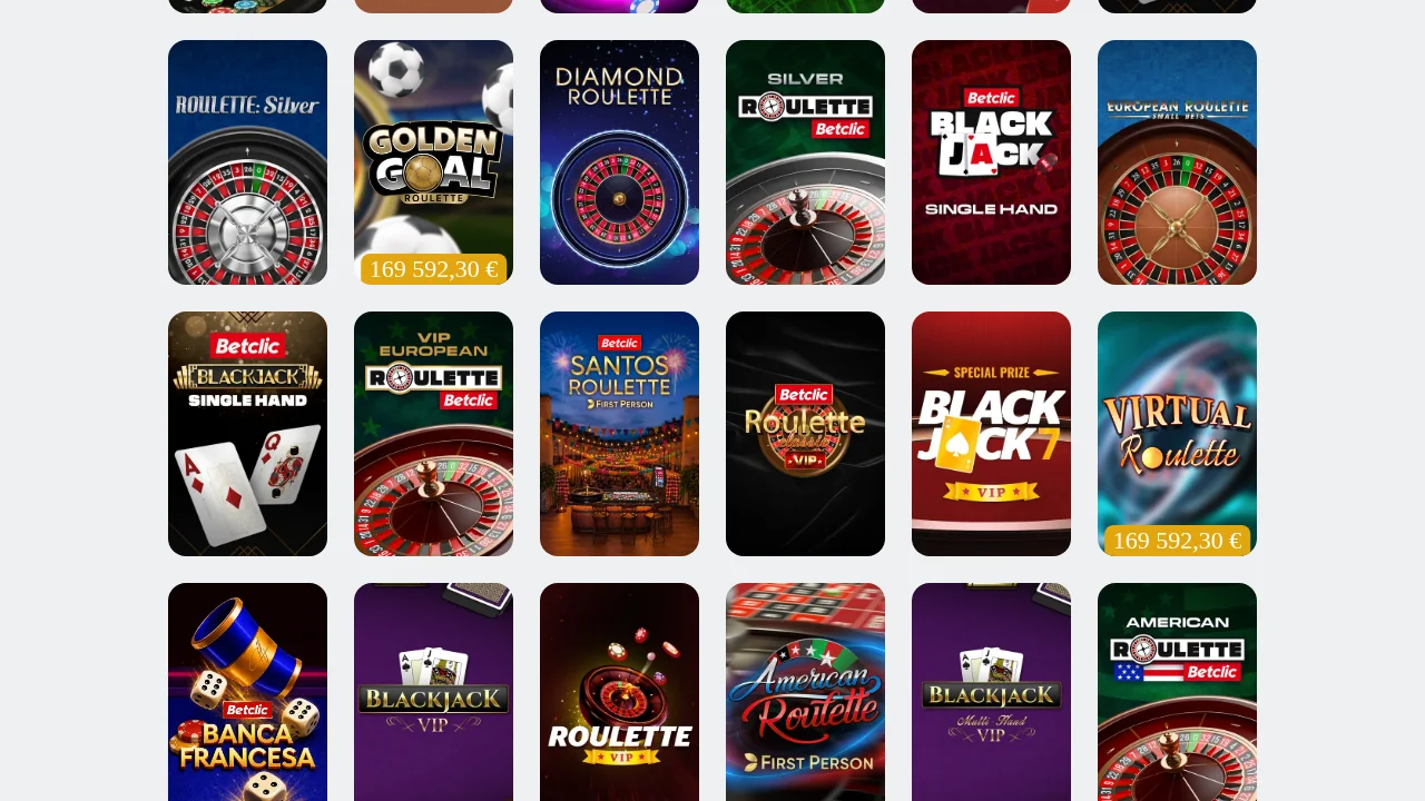 Jogos de mesa da Betclic com várias roletas europeias, VIP e Silver, e a American Roulette Betclic na última fila