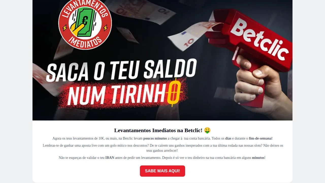 Página de levantamentos imediatos da Betclic: a partir de 10 €, em minutos, todos os dias, com IBAN validado