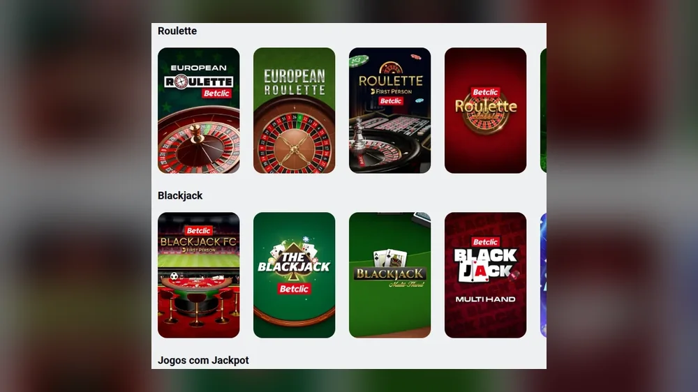 Secções Roulette e Blackjack no casino da Betclic, com mesas European Roulette e Blackjack FC