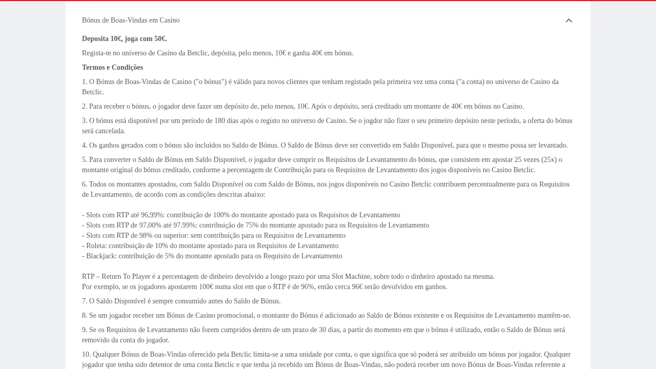 Termos do Bónus de Boas-Vindas em Casino da Betclic: 40 € com 10 € de depósito, 25× e contribuição por RTP