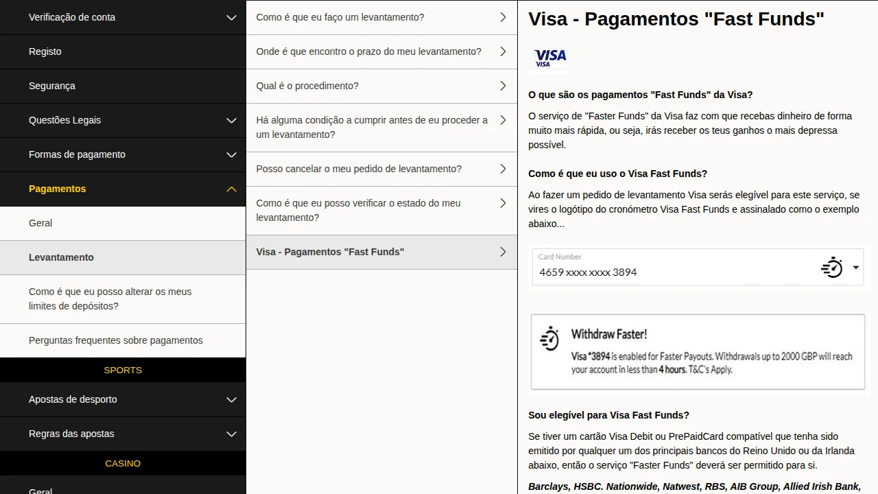 Página da ajuda Bwin sobre Visa Fast Funds, com o cronómetro que marca os cartões elegíveis