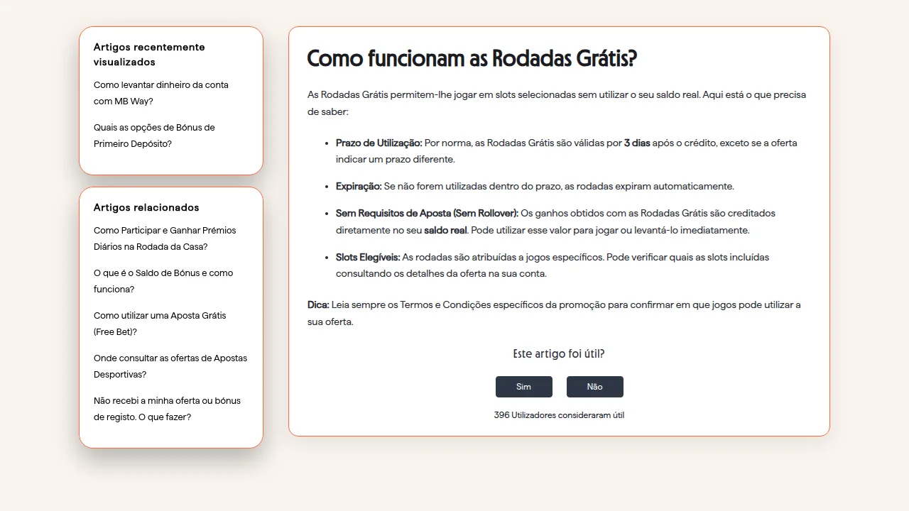 Centro de apoio da Betano explica as rodadas grátis: 3 dias de validade e ganhos em saldo real, sem rollover