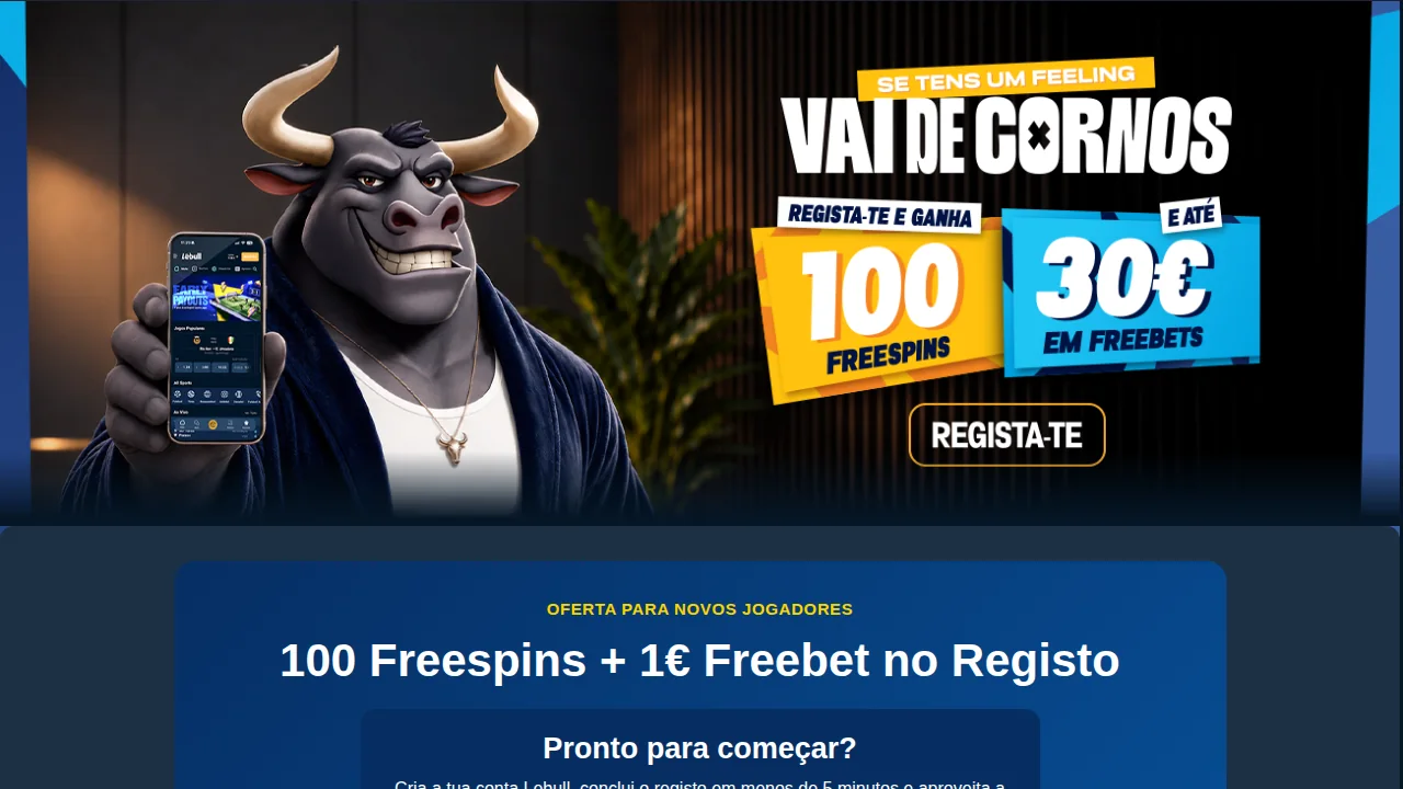 Página da oferta de registo da Lebull com 100 freespins e 1 € de freebet