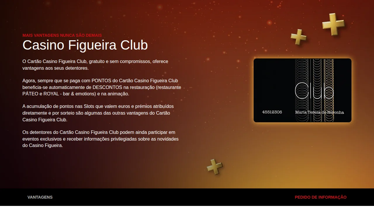 Página do Cartão Casino Figueira Club, gratuito, com descontos pagos em pontos na restauração e animação