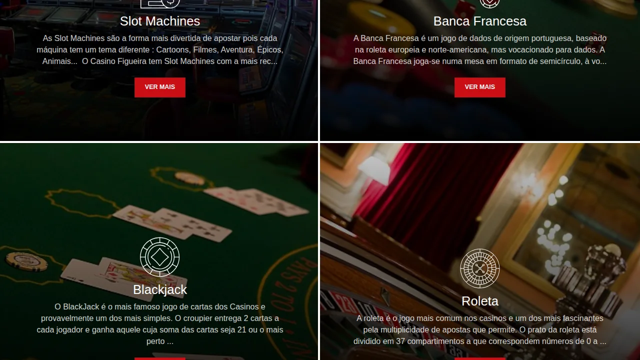 Página de jogos do Casino Figueira com Slot Machines, Banca Francesa, Blackjack e Roleta