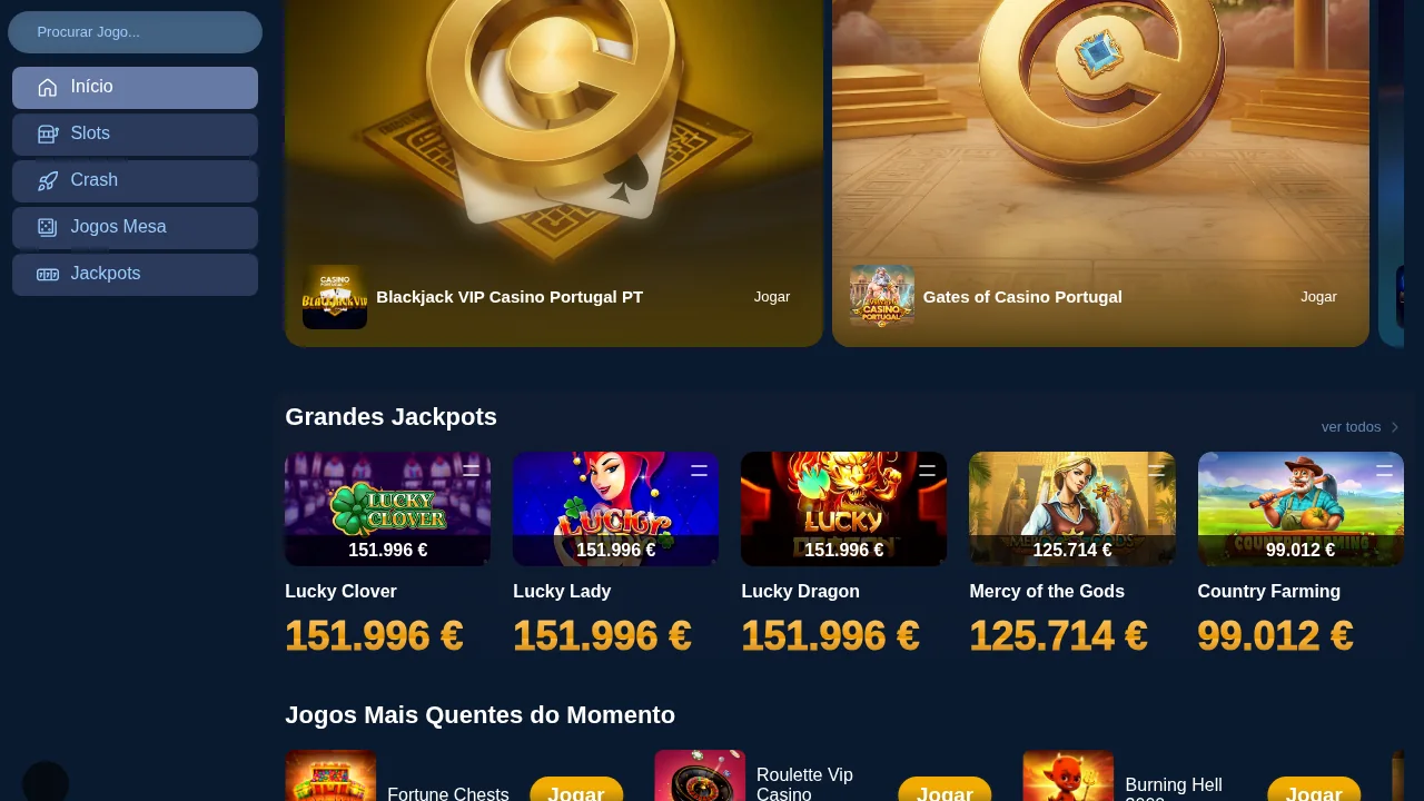 Lobby do Casino Portugal com jogos exclusivos da casa e a fila Grandes Jackpots, com valores acima de 150.000 €