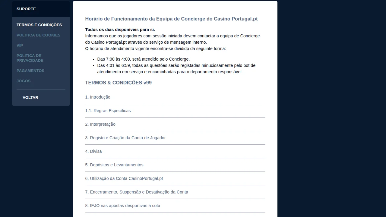 Página de suporte do Casino Portugal com o horário do concierge, das 7h às 4h, e do bot das 4h01 às 6h59
