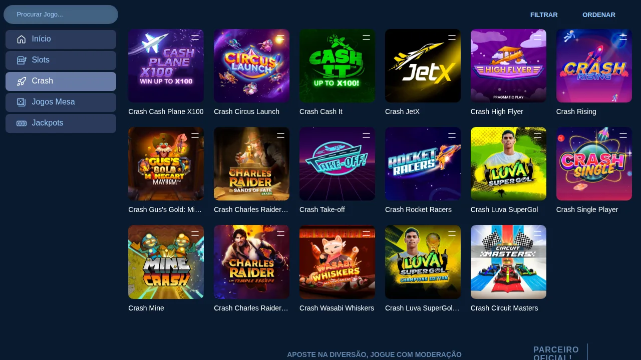 Secção Crash do Casino Portugal com 17 jogos, entre eles JetX, High Flyer, Cash Plane X100 e Luva SuperGol
