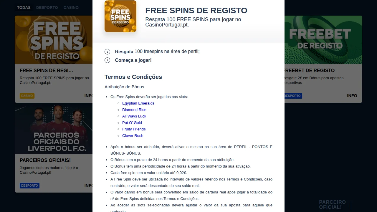 Termos das 100 Free Spins de Registo do Casino Portugal: seis slots, 24 horas e rodadas até 0,02 € cada