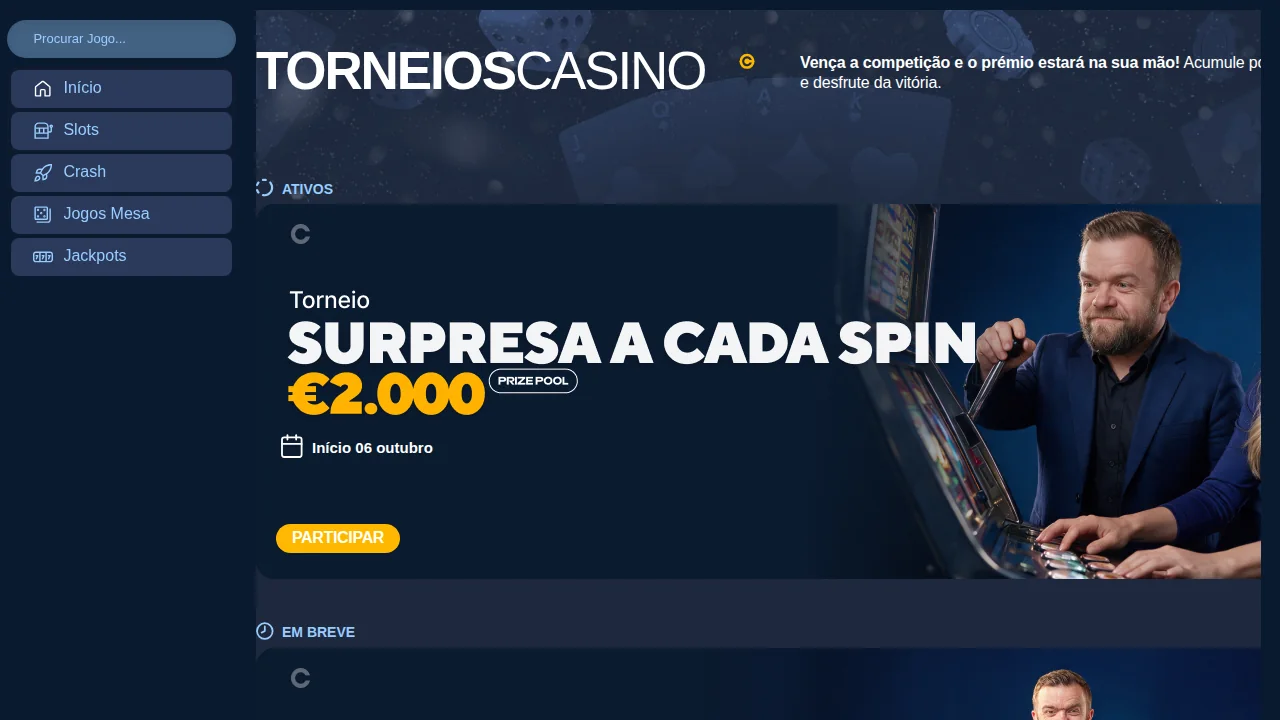 Página de torneios do Casino Portugal com o torneio «Surpresa a cada spin», de 2.000 €, activo a 7 de outubro