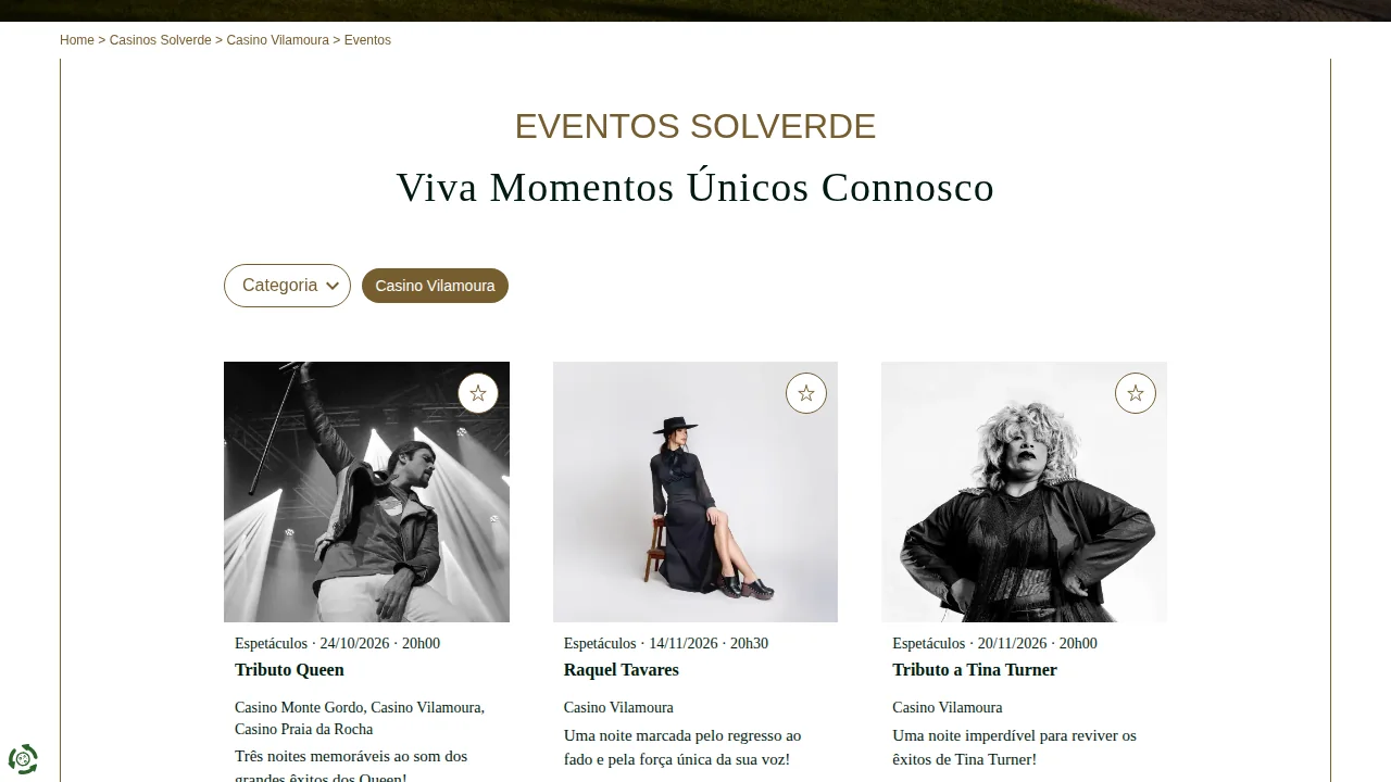 Cartaz de eventos do Casino Vilamoura em outubro de 2026: Tributo Queen, Raquel Tavares e Tributo a Tina Turner
