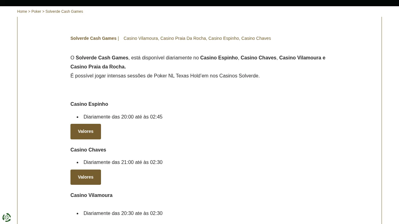 Página do Solverde Cash Games com os horários por casino: Casino Vilamoura diariamente das 20h30 às 02h30