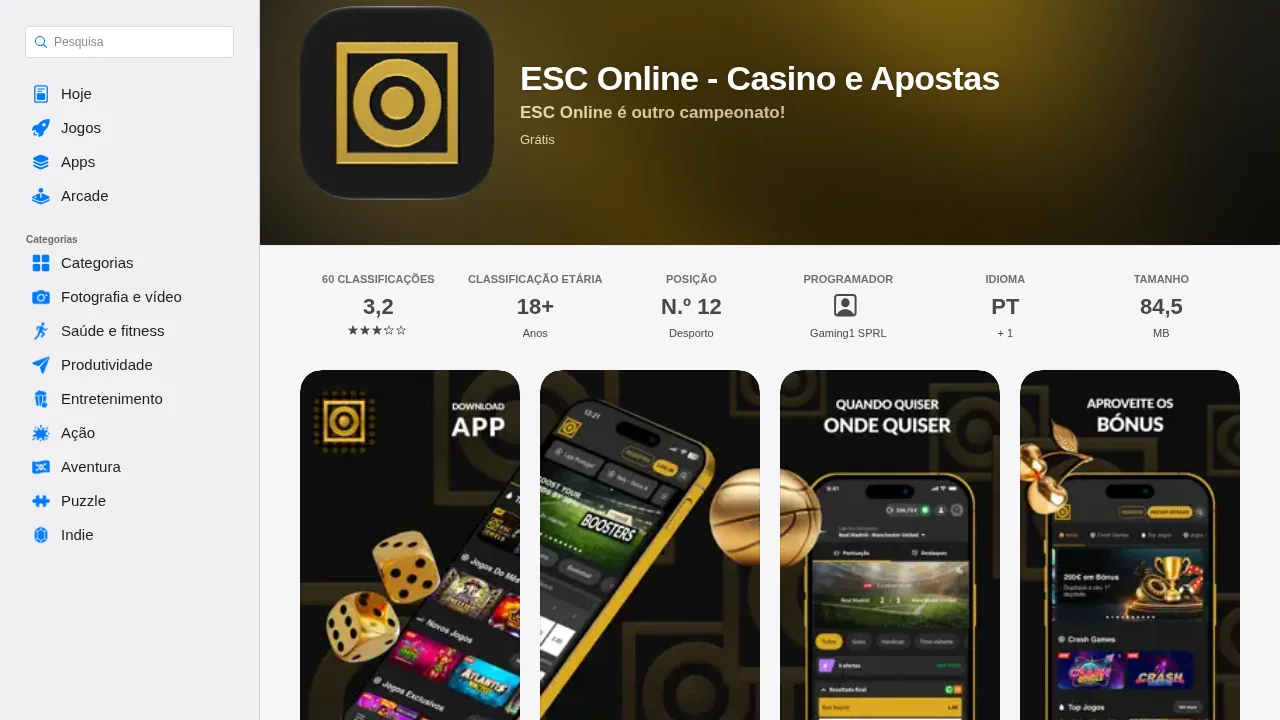 Ficha da app ESC Online - Casino e Apostas na App Store: 3,2 em 60 classificações, 84,5 MB, Gaming1