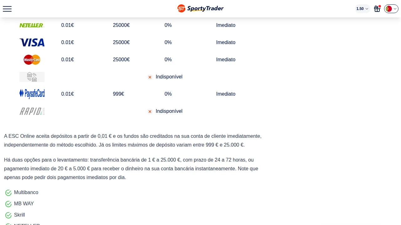 Tabela de depósitos do ESC Online na SportyTrader: mínimo de 0,01 € em todos os métodos, máximos até 25.000 €, sem taxa