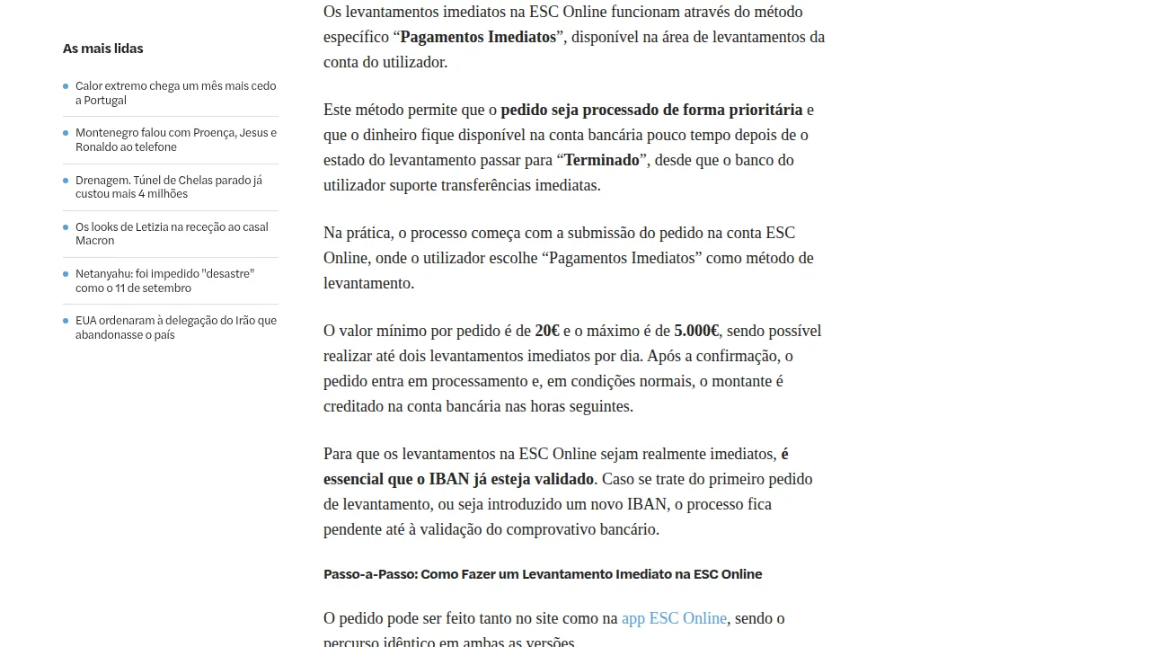 Artigo do Observador sobre os levantamentos imediatos no ESC Online: 20 € a 5.000 €, dois por dia