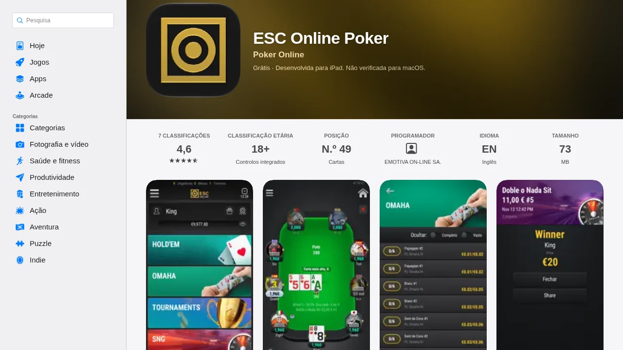 Ficha da app ESC Online Poker na App Store: 4,6 em 7 classificações, 73 MB, Emotiva On-Line