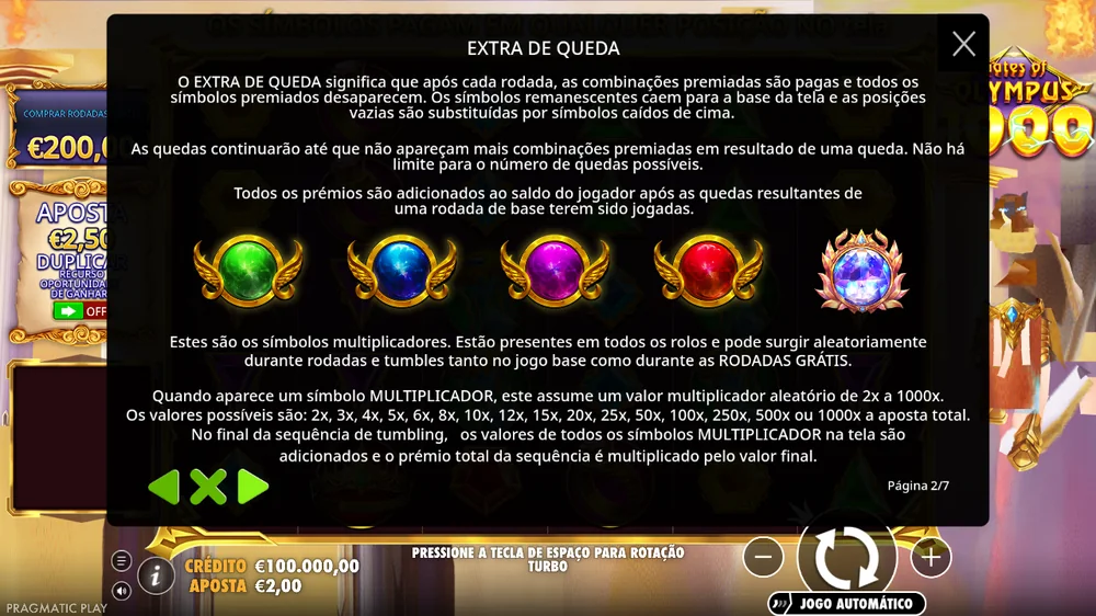 Regras da Gates of Olympus 1000 com os valores possíveis dos multiplicadores, de 2x a 1000x