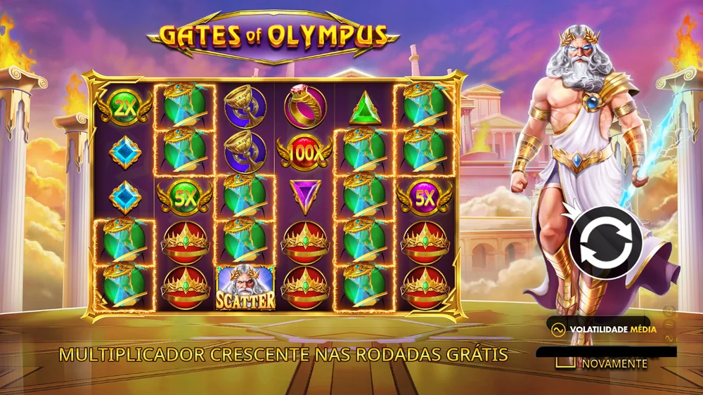 Ecrã de abertura da Gates of Olympus com os multiplicadores de 2x a 100x