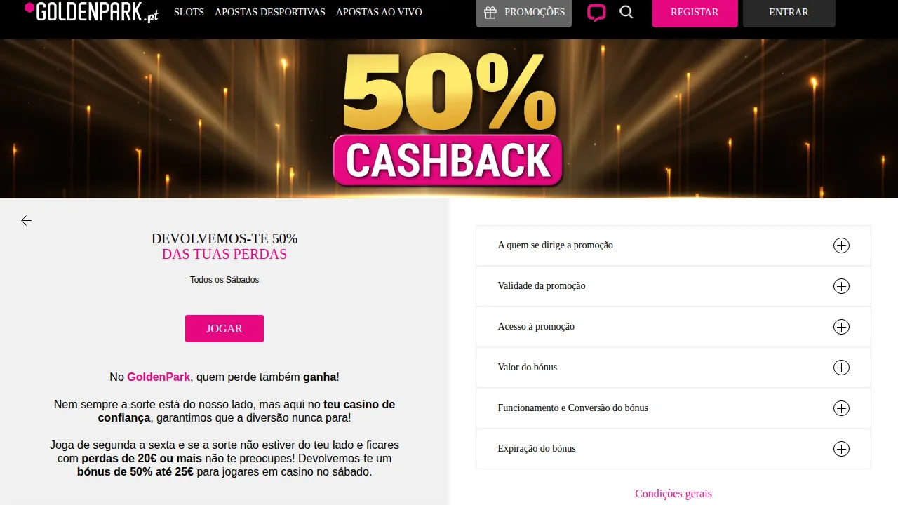 Página do cashback de 50% da GoldenPark, com bónus até 25 € para jogar ao sábado