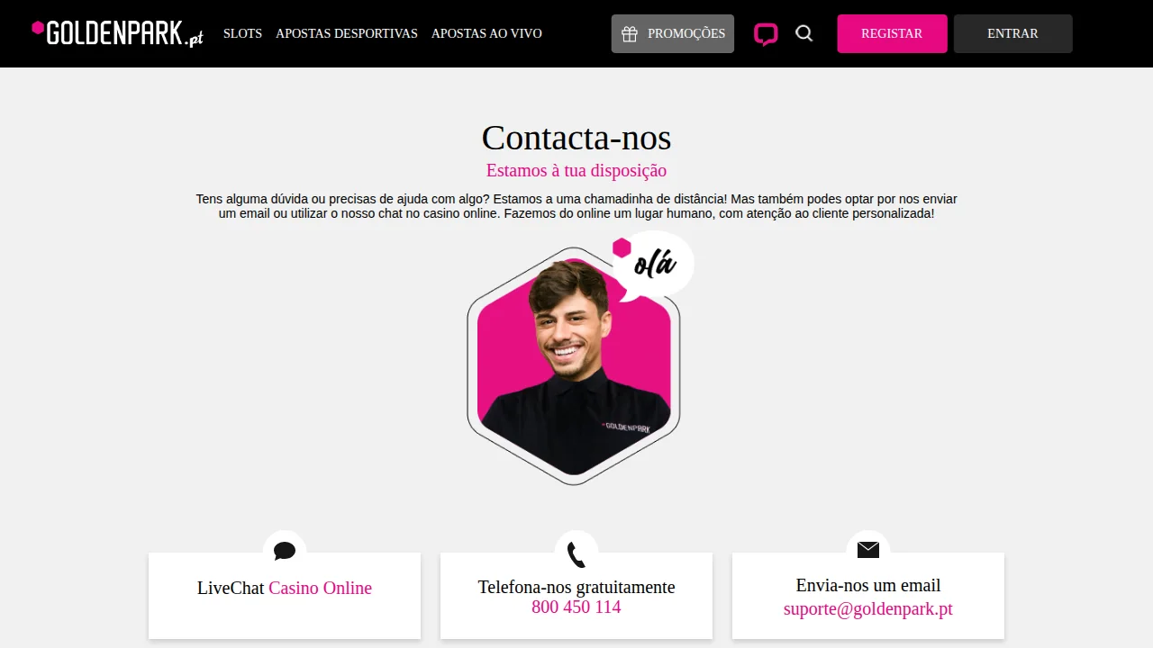 Página Contacta-nos da GoldenPark com LiveChat, telefone gratuito 800 450 114 e e-mail