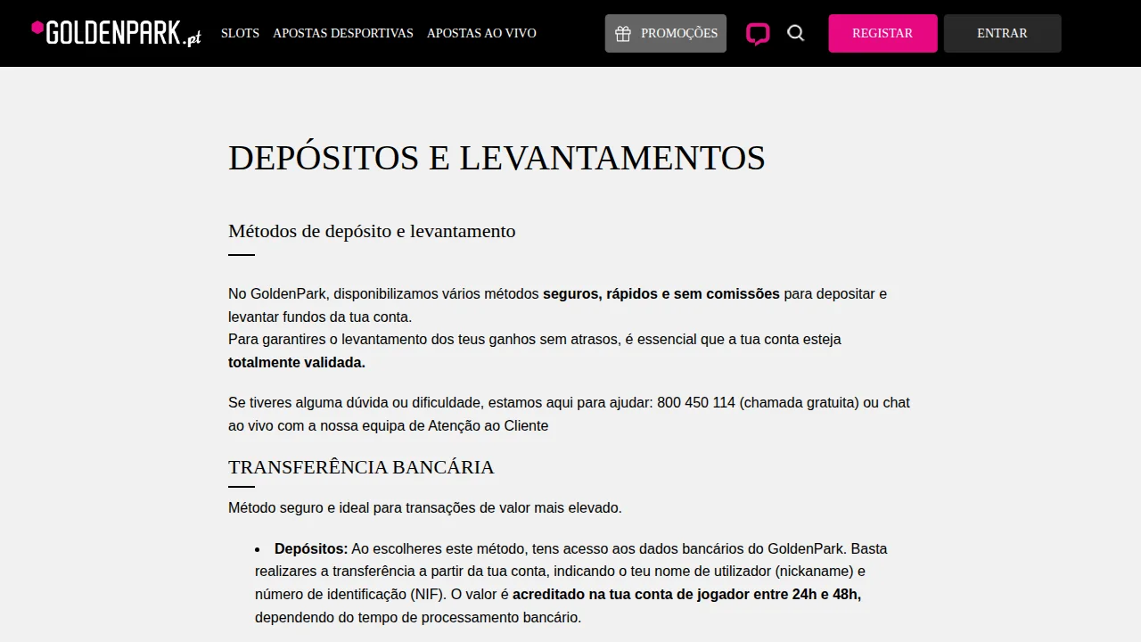 Página Depósitos e Levantamentos da GoldenPark com as regras da transferência bancária