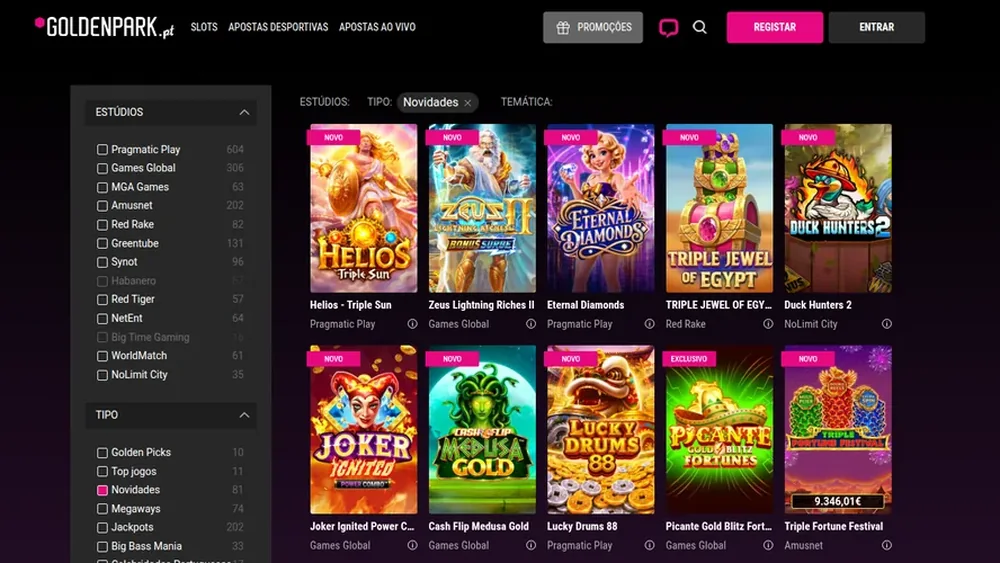 Secção de slots do GoldenPark.pt no telemóvel — barra Promos, Slots, Categorias e Depositar e a fila de novidades com Magnificent Link Flamecrest Phoenix e Always Hot Deluxe