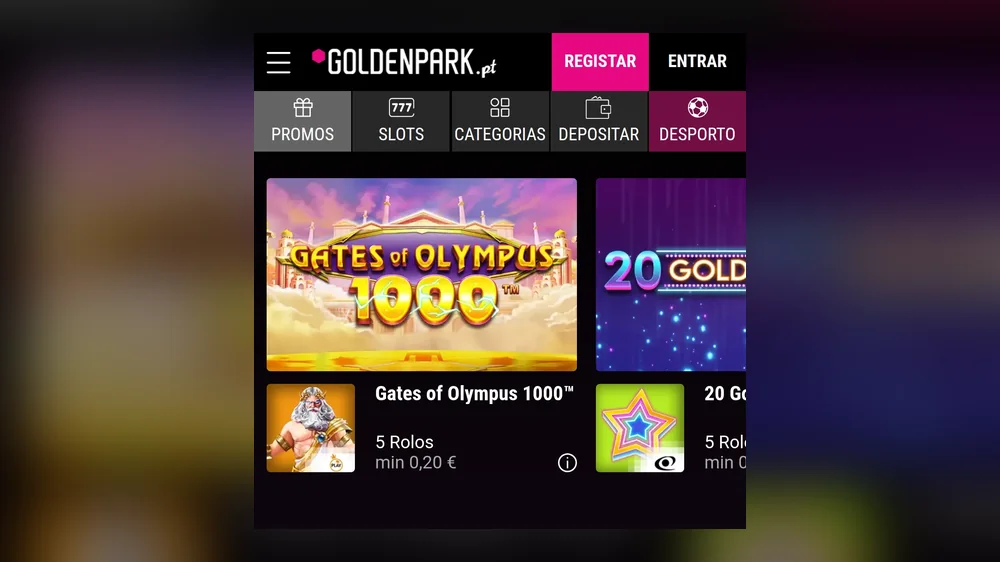 Casino GoldenPark.pt no telemóvel — cabeçalho da marca com os botões Registar e Entrar, barra de navegação com Promos, Slots, Categorias, Depositar e Desporto, e a ficha da slot Gates of Olympus 1000 com 5 rolos e aposta mínima de 0,20€