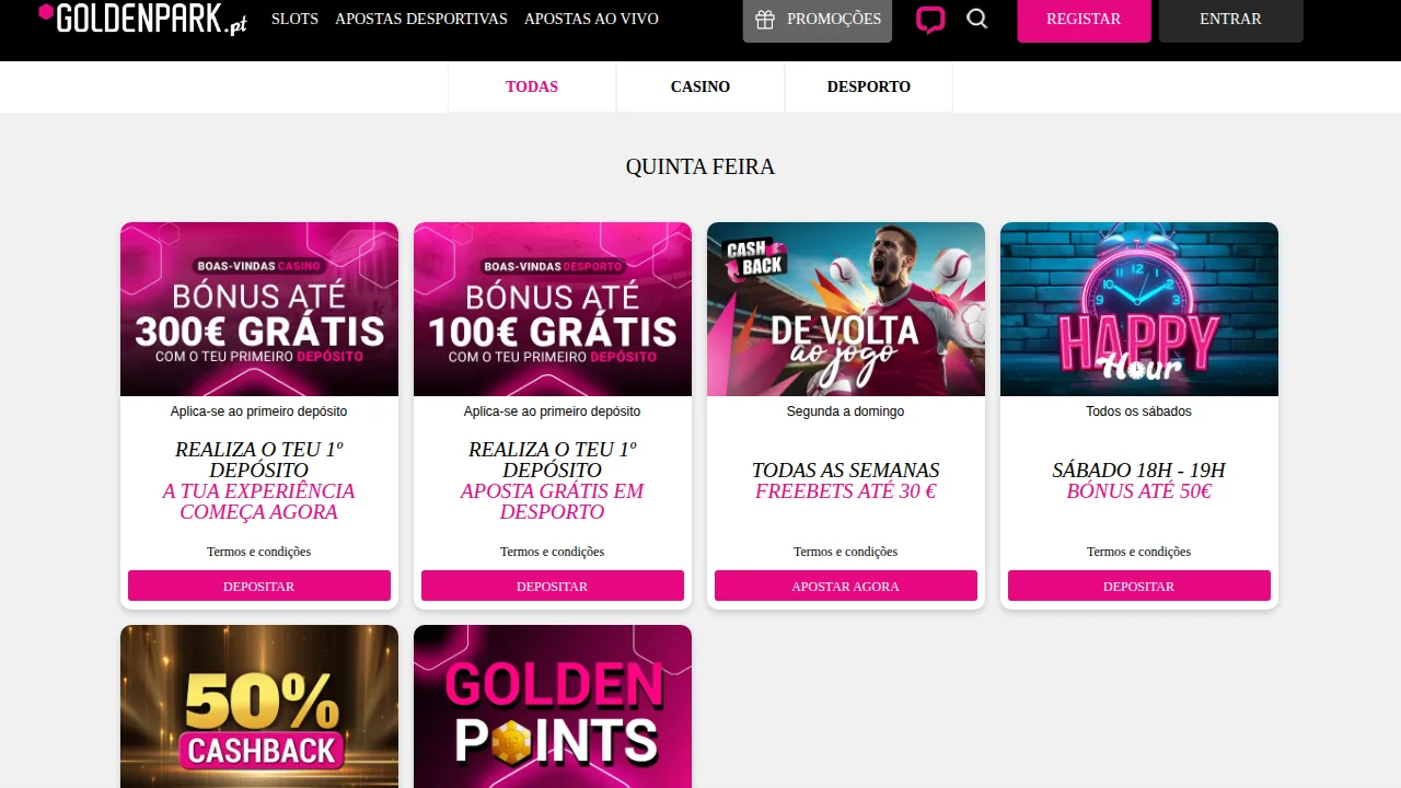 Página de promoções da GoldenPark com boas-vindas de casino e desporto, Happy Hour, cashback e Golden Points