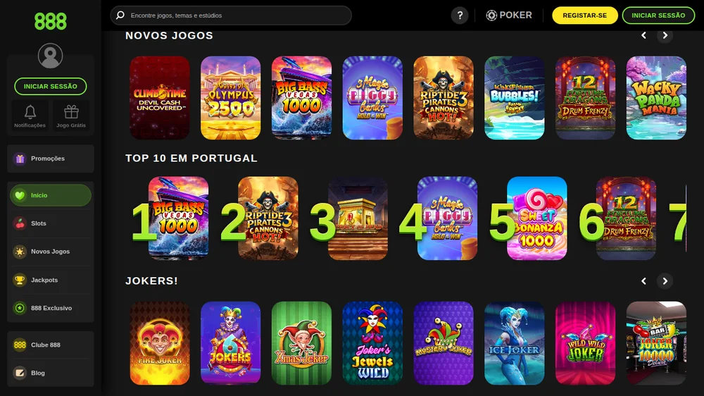 Lobby do casino 888 com os novos jogos, o Top 10 em Portugal e a fila de jokers